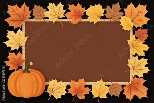 A picture frame with a pumpkin and autumn leaves