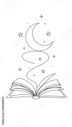 Magical open book with glowing crescent moon and floating stars line art drawing illustration mystical imagination literature knowledge celestial creative astronomy education whimsical