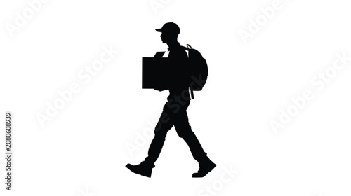 Worker wearing a cap carries a heavy parcel and a backpack while walking in a black silhouette form.