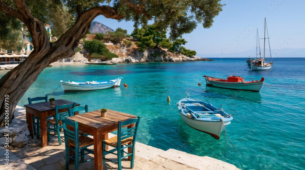 Fototapeta premium Traditional boats mooring in turquoise sea by seaside cafe