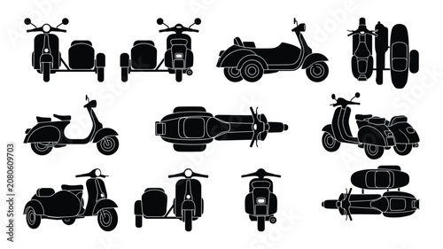 Fotografía Retro Moped Scooter with Sidecar Silhouette Blueprint Bundle, Isolated Vintage I