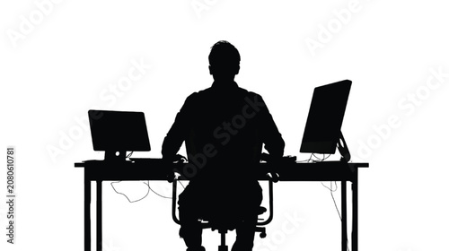 Worker operates dual monitors at a desk to manage complex digital projects.
