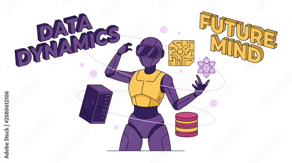 Naklejka premium Future mind. Data dynamics tech graphic for t shirt print poster sticker. Artificial intelligence robot. Cybernetic future design.
