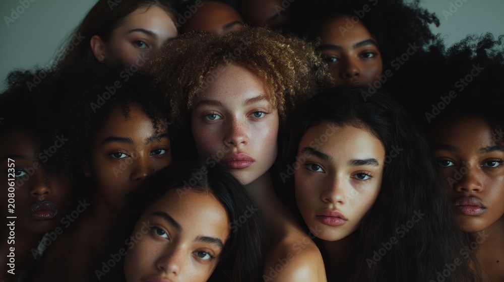 Obraz premium Diverse women faces close-up, studio background, unity, beauty