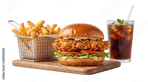 Crispy fried chicken burger combo with golden crinkle cut fries, gourmet chicken sandwich meal, refreshing cola drink with ice and mint isolated PNG with Transparent Background