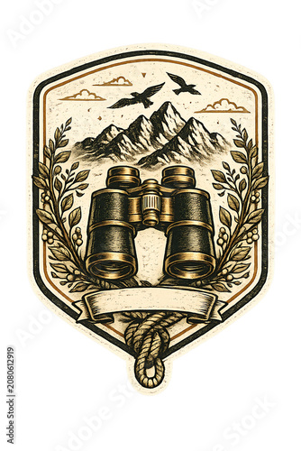 Vintage style emblem badge with binoculars and mountain landscape binoculars mountains adventure outdoors exploration landscape wildlife illustration expedition wilderness climbing