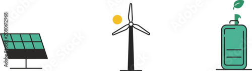 Renewable Energy Icons, Solar Panel, Wind Turbine, Eco Friendly Vector Graphics
