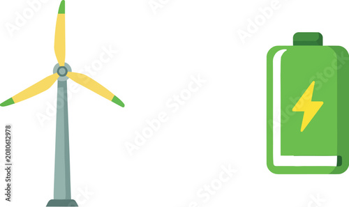 Eco friendly energy icons, sustainable power symbols, green battery and wind turbine graphics