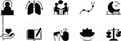 Black icons, wellness, health, and mindfulness symbols, vector set of 10