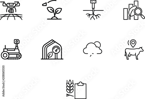 Agriculture, Farming, and Ecology Icons, 10 Black Line Icons