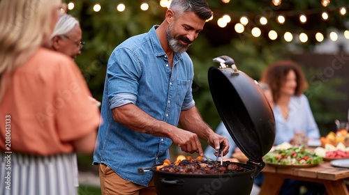 Man grilling food at outdoor backyard summer party thumbnail