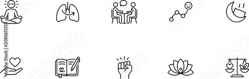 Minimalist line icons, health and wellness symbols, meditation and fitness signs, 12 editable vector graphics
