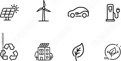 Eco friendly icons, sustainable energy symbols, green technology signs, environmental logos
