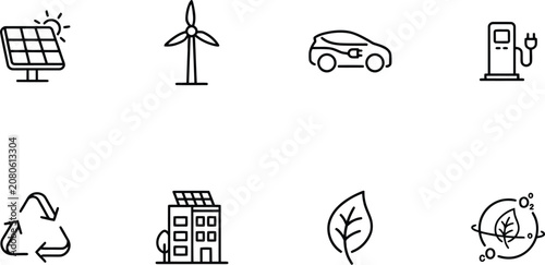 Eco friendly icons, sustainable energy symbols, environmental signs, green technology logos, 8 icons