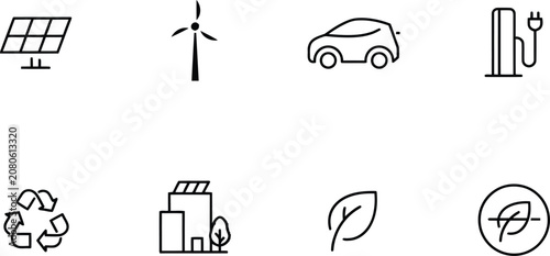 Eco friendly icons, sustainable symbols, green energy signs, environmental logos, 8 black line icons
