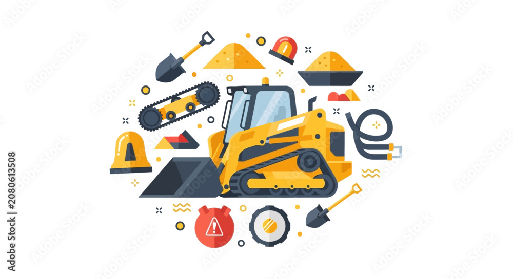 Fototapeta premium Yellow Skid Steer Loader Flat Vector Illustration with Construction Site Icons and Safety Equipment