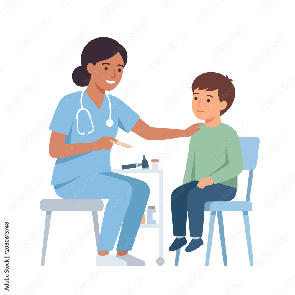 Obraz premium A friendly female doctor in blue scrubs smiles while preparing to examine a young boy seated on a chair during a routine medical checkup.