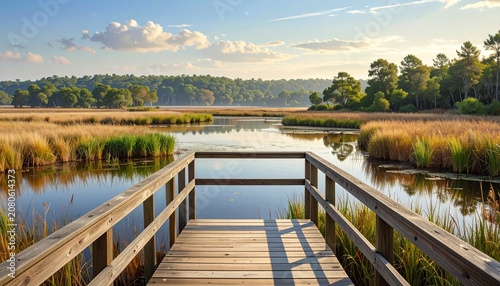 Wooden Boardwalk Over Calm Wetland Reeds with Scenic Water Reflections