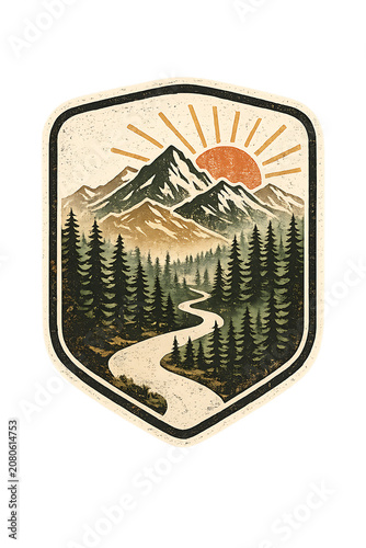 Retro adventure emblem with winding river and mountain range at sunrise landscape mountains adventure wilderness illustration engraving monochrome exploration