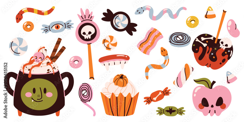 Fototapeta premium Cute Halloween candy collection with spooky sweets, caramel apples, cupcakes, lollipops, gummy worms, cauldron treats and kawaii candies. Flat vector clipart for spooky season designs.