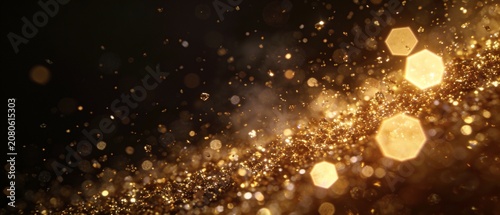 Glowing gold particles sparkle and shine brightly in darkness.