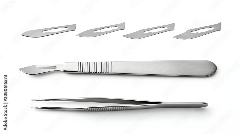 Obraz premium Surgical scalpel with spare blades and medical tweezers isolated on white background.