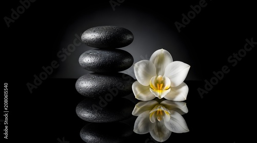 Stacked black spa stones and white orchid flower on reflective surface.