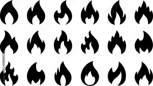 Set of black fire flame vector icons. 