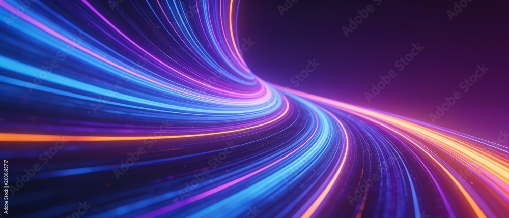 Obraz premium Vibrant neon light trails curve through a dark digital tunnel.