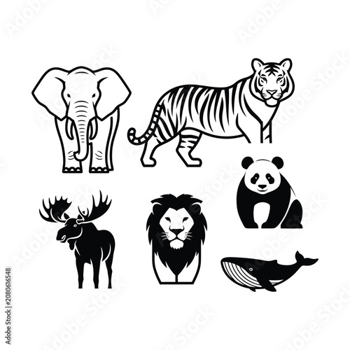 Canvas Print Stylized black and white vector illustrations of various wild animals including an elephant, tiger, moose, lion, panda, and whale