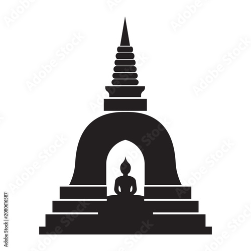 Buddhist Stupa Silhouette with Sitting Buddha Statue Isolated on White Background