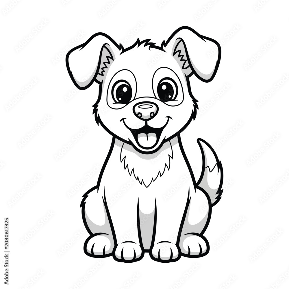 Fototapeta premium Adorable cartoon puppy sitting with a happy expression, black and white line art illustration, perfect for coloring books.