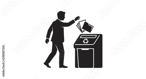 Man throwing paper into recycling bin.