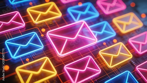 Neon email icons glow brightly on a futuristic circuit board background.