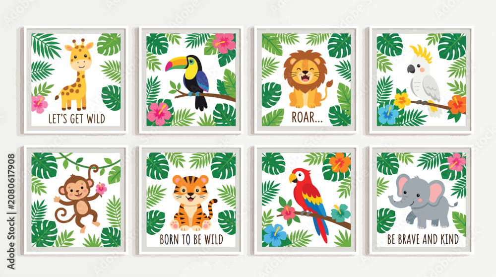 Fototapeta premium Cute Safari Animals Nursery Wall Art Prints Vector Set