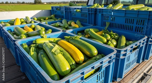 Fresh Green and Yellow Zucchini Harvest Packed in Blue Crates on Farm Trailer