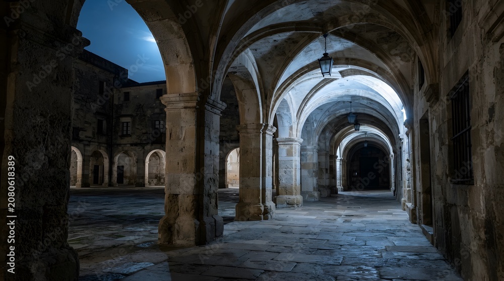 Obraz premium Grand historic stone architecture with majestic arched colonnades, bathed in soft moonlight, creating an atmospheric and ancient courtyard scene at night