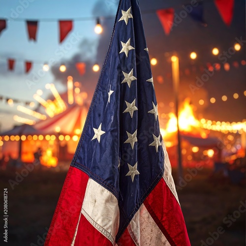American flag waving in front of a festive fairground at twilight.