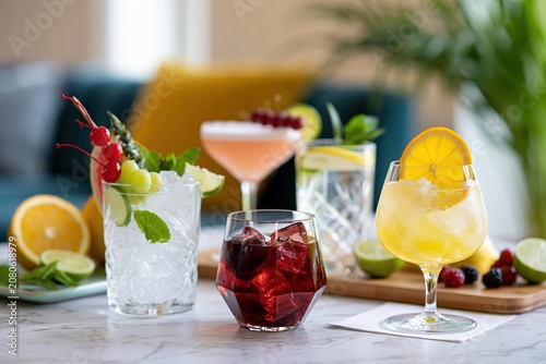 Assorted summer cocktails and fresh fruit drinks on table