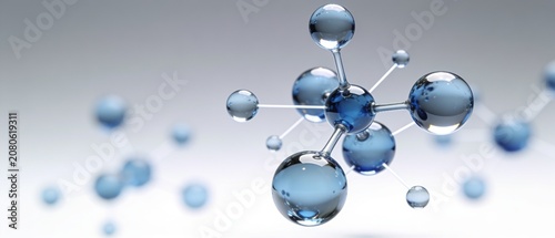 The molecular structure floats freely in a gradient environment with multiple spheres.