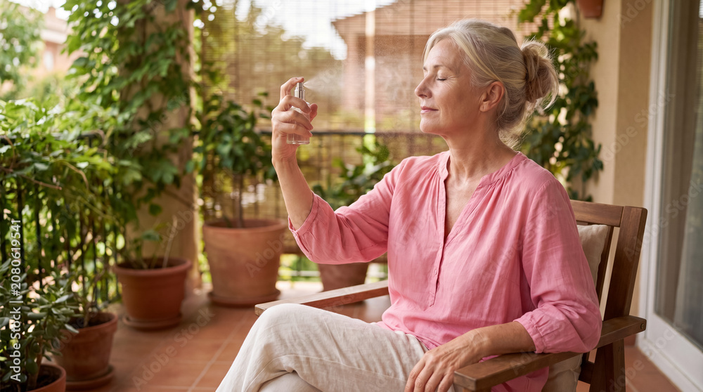 Fototapeta premium Senior woman relaxing on balcony misting face with hydrating spray for healthy skin and wellness routine