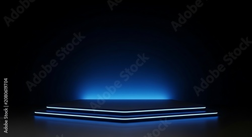 Minimalist stage or podium display with a blue light effect on a black background. Product presentation, mockup, copy space, and template