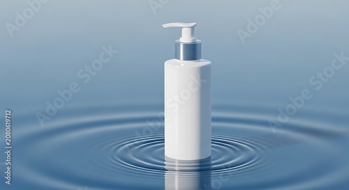 Blank packaging pump bottle on calm blue water ripple surface. Clean studio lighting, minimal aesthetic, ideal for skincare product mockup