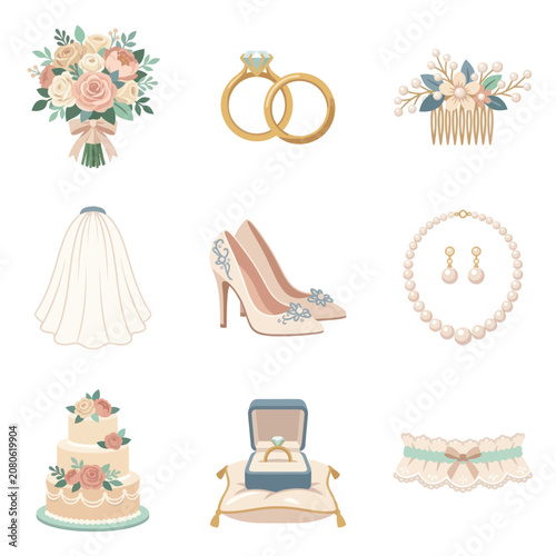 Wedding accessories and dress details.