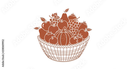 Wire basket filled with autumn fruits.
