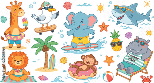 Canvas Print Cute Safari Animals Summer Beach Vacation Cartoon Character Vector Set