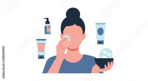 Woman applying facial cream on face.
