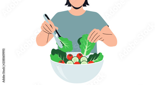Woman eating healthy green salad bowl.