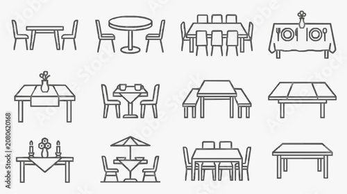 Corporate Minimalist Line Drawing Icons Set of Various Dining Tables and Chairs for Office Restaurant or Home Decor Use