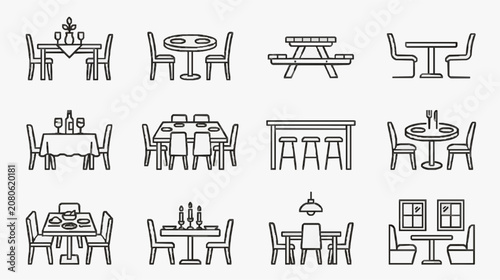 Professional Minimalist Black and White Line Icons Set of Various Dining and Eating Scenes for Web Design Apps or Presentations